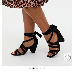 Black faux suede ankle wrap heels